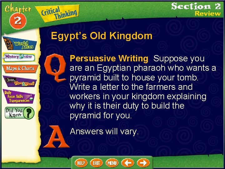 Egypt’s Old Kingdom Persuasive Writing Suppose you are an Egyptian pharaoh who wants a