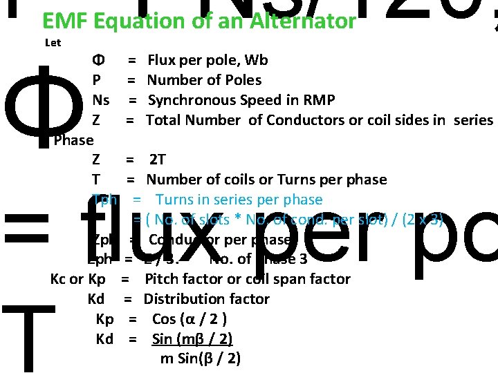 f = PNs/120, EMF Equation of an Alternator Let Φ Φ = Flux per