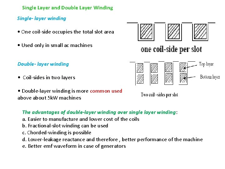 Single Layer and Double Layer Winding Single- layer winding • One coil-side occupies the