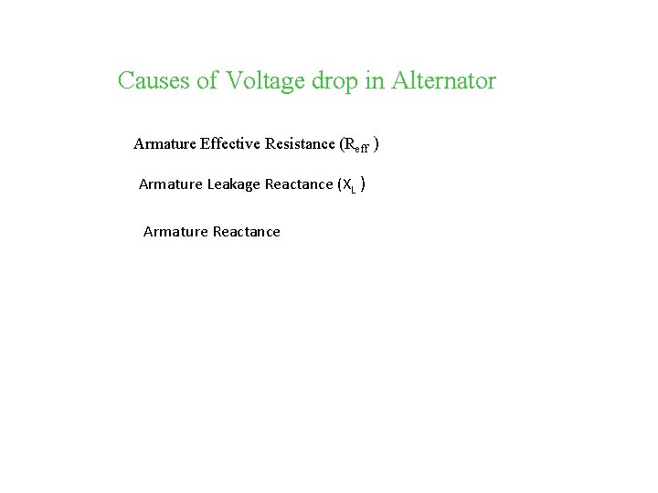 Causes of Voltage drop in Alternator Armature Effective Resistance (Reff ) Armature Leakage Reactance