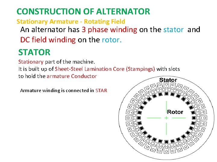 CONSTRUCTION OF ALTERNATOR Stationary Armature - Rotating Field An alternator has 3 phase winding