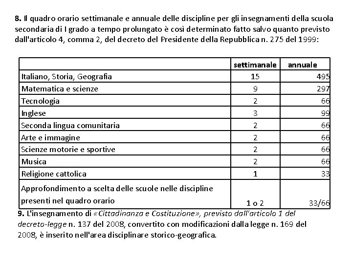 8. Il quadro orario settimanale e annuale delle discipline per gli insegnamenti della scuola