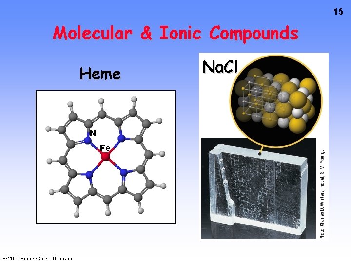 15 Molecular & Ionic Compounds Heme N Fe © 2006 Brooks/Cole - Thomson Na.