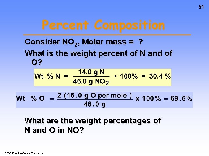 51 Percent Composition Consider NO 2, Molar mass = ? What is the weight