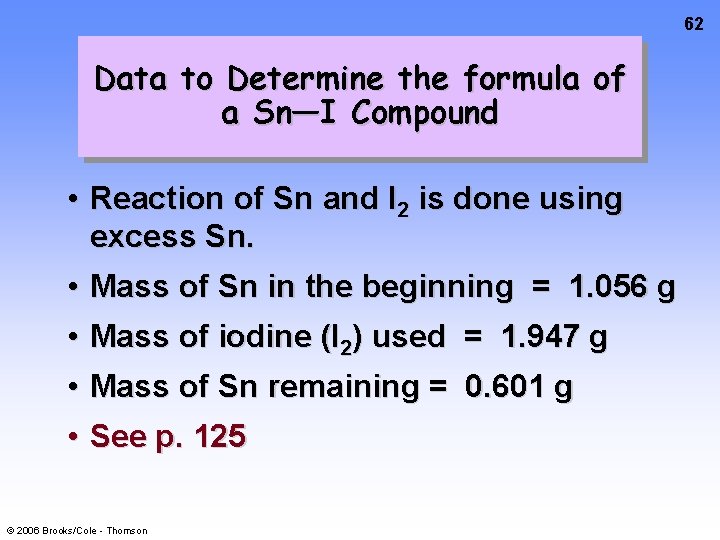 62 Data to Determine the formula of a Sn—I Compound • Reaction of Sn