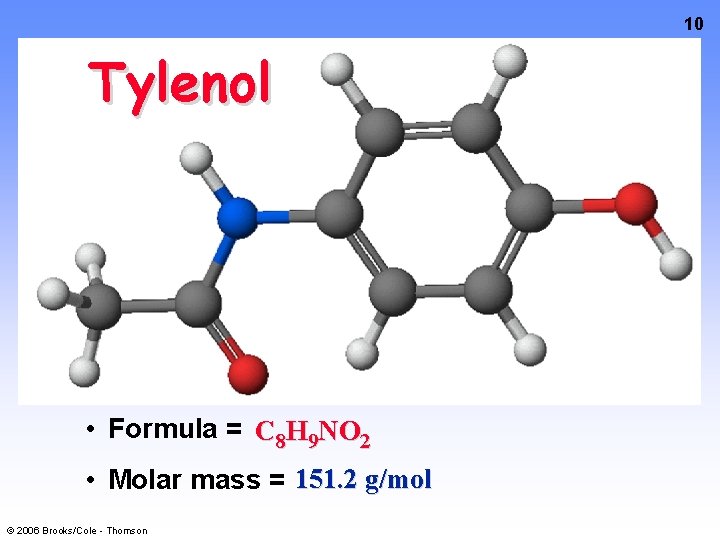 10 Tylenol • Formula = C 8 H 9 NO 2 • Molar mass