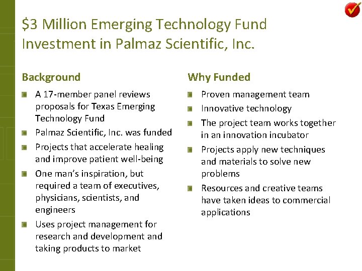 $3 Million Emerging Technology Fund Investment in Palmaz Scientific, Inc. Background A 17 -member