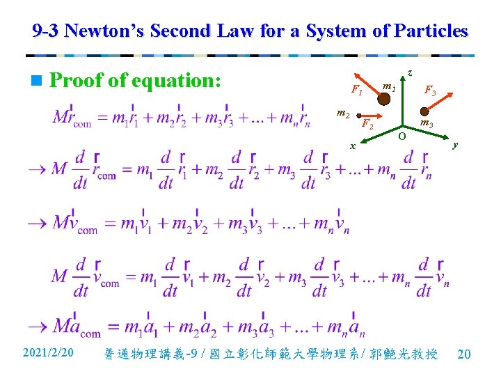 9 -3 Newton’s Second Law for a System of Particles n Proof z of 9 -3 Newton’s Second Law for a System of Particles n Proof z of