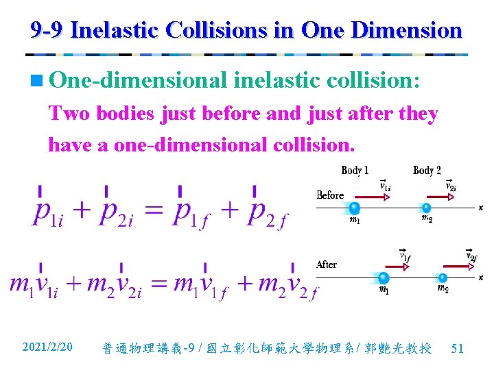 9 -9 Inelastic Collisions in One Dimension n One-dimensional inelastic collision: Two bodies just 9 -9 Inelastic Collisions in One Dimension n One-dimensional inelastic collision: Two bodies just