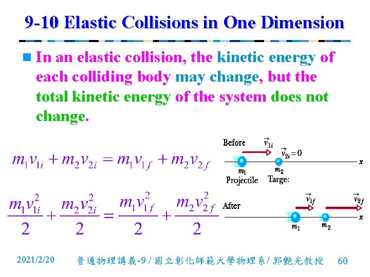 9 -10 Elastic Collisions in One Dimension n In an elastic collision, the kinetic 9 -10 Elastic Collisions in One Dimension n In an elastic collision, the kinetic