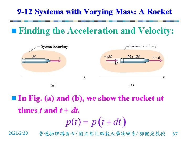 9 -12 Systems with Varying Mass: A Rocket n Finding the Acceleration and Velocity: 9 -12 Systems with Varying Mass: A Rocket n Finding the Acceleration and Velocity: