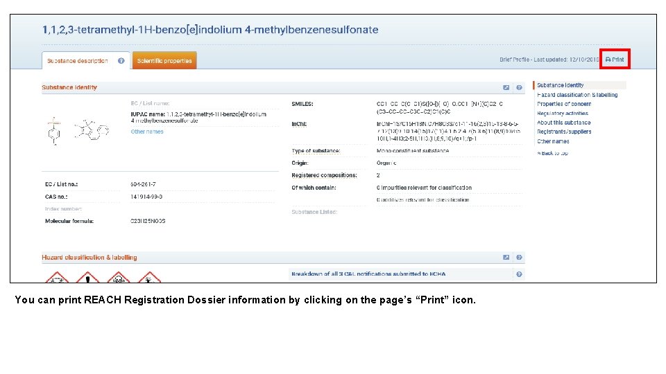 You can print REACH Registration Dossier information by clicking on the page’s “Print” icon.
