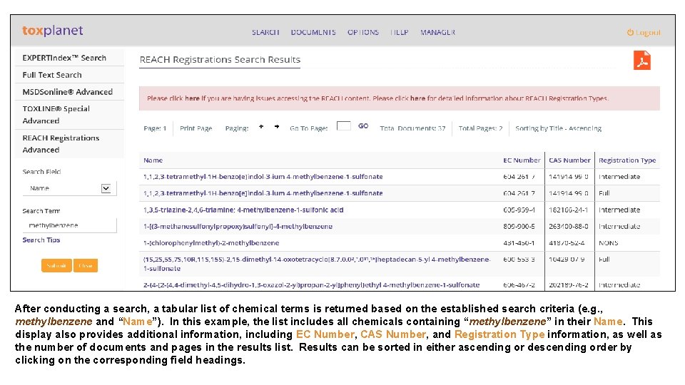 After conducting a search, a tabular list of chemical terms is returned based on