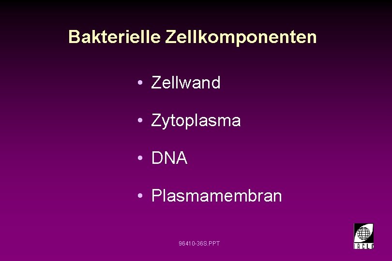 Bakterielle Zellkomponenten • Zellwand • Zytoplasma • DNA • Plasmamembran 96410 -36 S. PPT