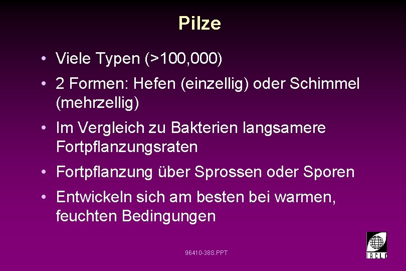 Pilze • Viele Typen (>100, 000) • 2 Formen: Hefen (einzellig) oder Schimmel (mehrzellig)