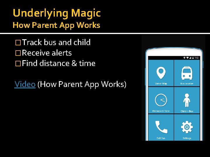 Underlying Magic How Parent App Works �Track bus and child �Receive alerts �Find distance Underlying Magic How Parent App Works �Track bus and child �Receive alerts �Find distance
