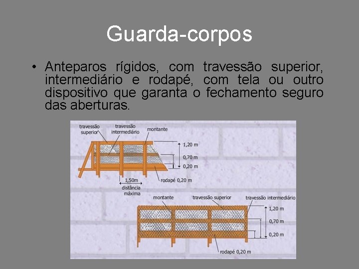 Guarda-corpos • Anteparos rígidos, com travessão superior, intermediário e rodapé, com tela ou outro