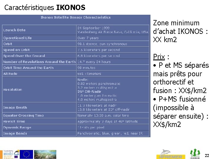 Caractéristiques IKONOS Zone minimum d’achat IKONOS : XX km 2 Prix : • P