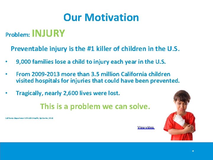 Our Motivation Problem: INJURY Preventable injury is the #1 killer of children in the Our Motivation Problem: INJURY Preventable injury is the #1 killer of children in the