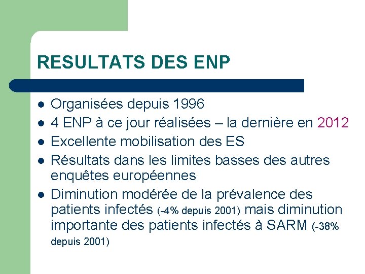 RESULTATS DES ENP l l l Organisées depuis 1996 4 ENP à ce jour RESULTATS DES ENP l l l Organisées depuis 1996 4 ENP à ce jour