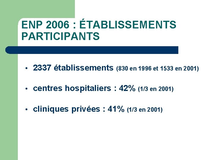 ENP 2006 : ÉTABLISSEMENTS PARTICIPANTS 2337 établissements (830 en 1996 et 1533 en 2001)