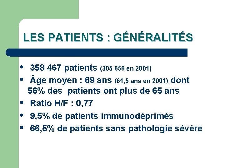 LES PATIENTS : GÉNÉRALITÉS 358 467 patients (305 656 en 2001) ge moyen :