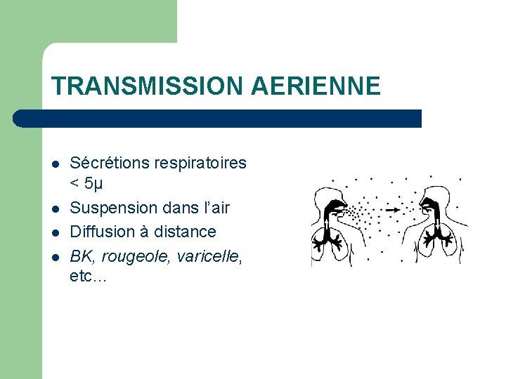 TRANSMISSION AERIENNE l l Sécrétions respiratoires < 5µ Suspension dans l’air Diffusion à distance