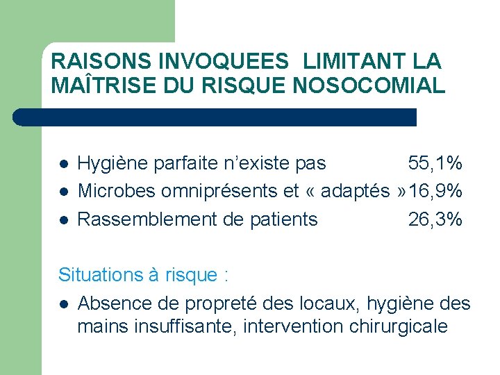 RAISONS INVOQUEES LIMITANT LA MAÎTRISE DU RISQUE NOSOCOMIAL l l l Hygiène parfaite n’existe