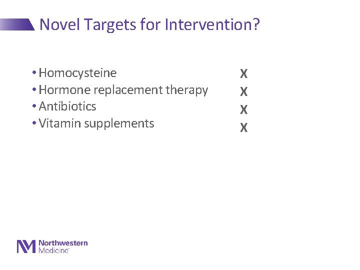 Novel Targets for Intervention? • Homocysteine • Hormone replacement therapy • Antibiotics • Vitamin