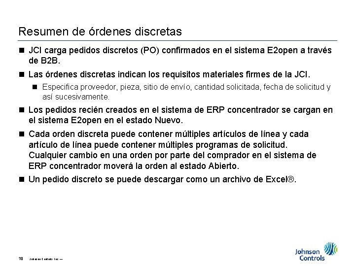 Resumen de órdenes discretas n JCI carga pedidos discretos (PO) confirmados en el sistema