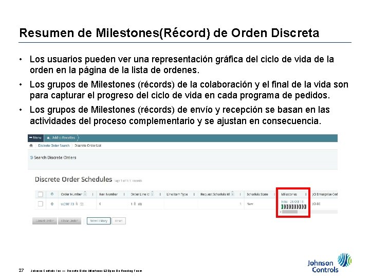 Resumen de Milestones(Récord) de Orden Discreta • Los usuarios pueden ver una representación gráfica