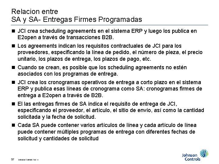 Relacion entre SA y SA- Entregas Firmes Programadas n JCI crea scheduling agreements en