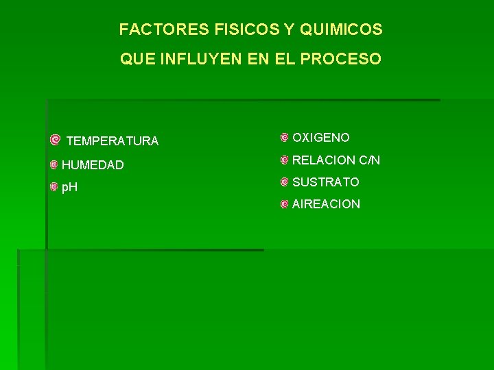 FACTORES FISICOS Y QUIMICOS QUE INFLUYEN EN EL PROCESO TEMPERATURA OXIGENO HUMEDAD RELACION C/N FACTORES FISICOS Y QUIMICOS QUE INFLUYEN EN EL PROCESO TEMPERATURA OXIGENO HUMEDAD RELACION C/N