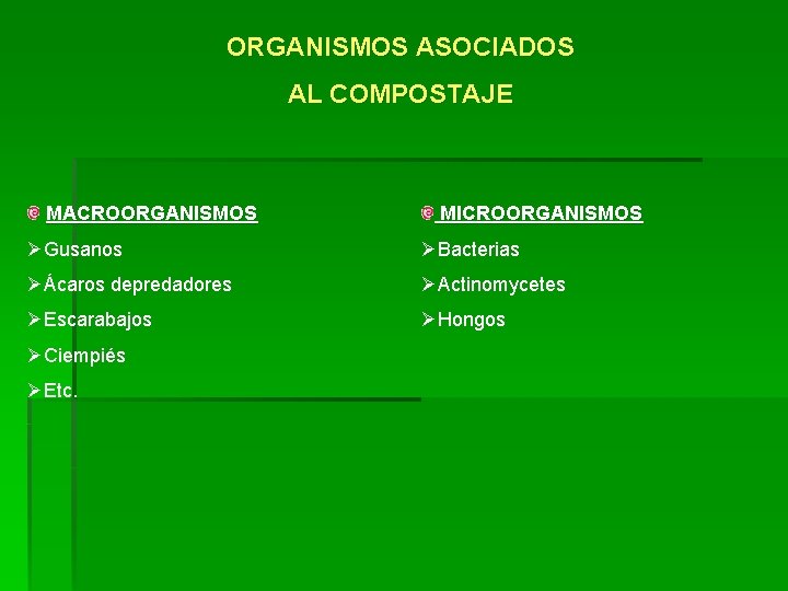 ORGANISMOS ASOCIADOS AL COMPOSTAJE MACROORGANISMOS MICROORGANISMOS ØGusanos ØBacterias ØÁcaros depredadores ØActinomycetes ØEscarabajos ØHongos ØCiempiés ORGANISMOS ASOCIADOS AL COMPOSTAJE MACROORGANISMOS MICROORGANISMOS ØGusanos ØBacterias ØÁcaros depredadores ØActinomycetes ØEscarabajos ØHongos ØCiempiés