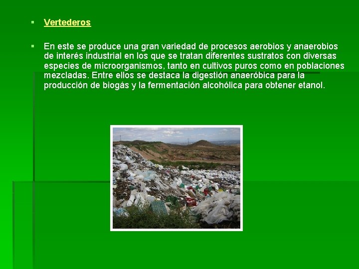 § Vertederos § En este se produce una gran variedad de procesos aerobios y § Vertederos § En este se produce una gran variedad de procesos aerobios y