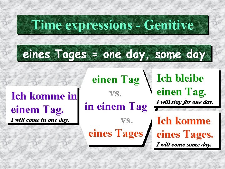 Time expressions - Genitive eines Tages = one day, some day einen Tag vs.