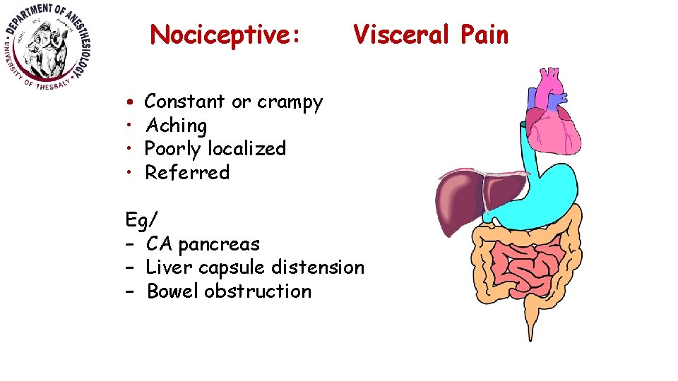 Nociceptive: • • Visceral Pain Constant or crampy Aching Poorly localized Referred Eg/ –