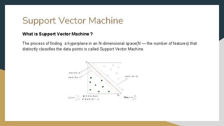 Support Vector Machine What is Support Vector Machine ? The process of finding a