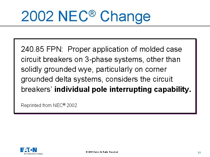 2002 ® NEC Change 240. 85 FPN: Proper application of molded case circuit breakers