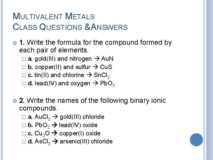 GRADE 10 CHEMISTRY TOPIC MULTIVALENT METALS AND POLYATOMIC