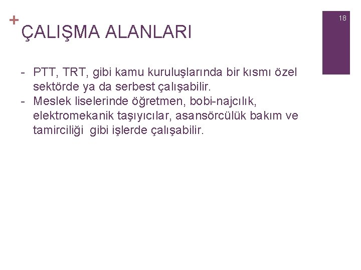 + ÇALIŞMA ALANLARI - PTT, TRT, gibi kamu kuruluşlarında bir kısmı özel sektörde ya