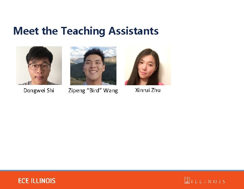 Meet the Teaching Assistants Dongwei Shi Zipeng “Bird” Wang Xinrui Zhu Meet the Teaching Assistants Dongwei Shi Zipeng “Bird” Wang Xinrui Zhu