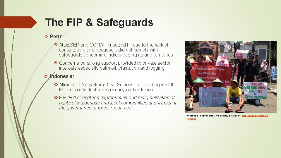 The FIP & Safeguards Peru: AIDESEP and CONAP criticized IP due to the lack The FIP & Safeguards Peru: AIDESEP and CONAP criticized IP due to the lack