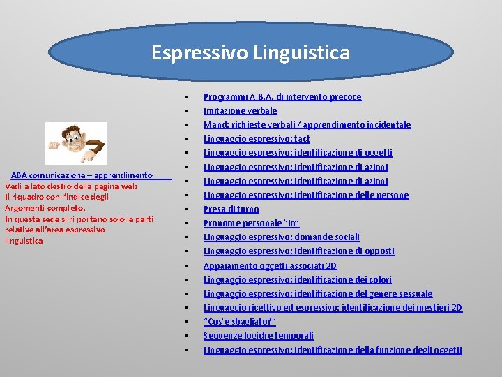 Espressivo Linguistica ABA comunicazione – apprendimento Vedi a lato destro della pagina web Il