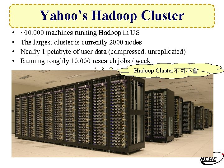 Yahoo’s Hadoop Cluster • • ~10, 000 machines running Hadoop in US The largest