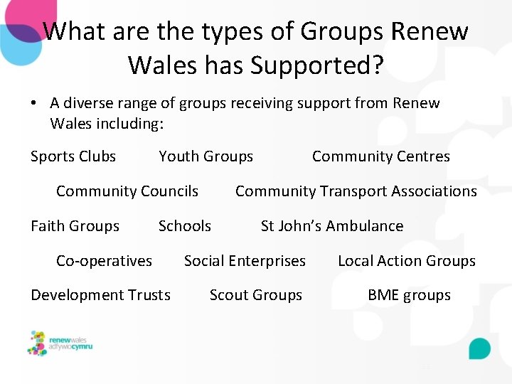 What are the types of Groups Renew Wales has Supported? • A diverse range