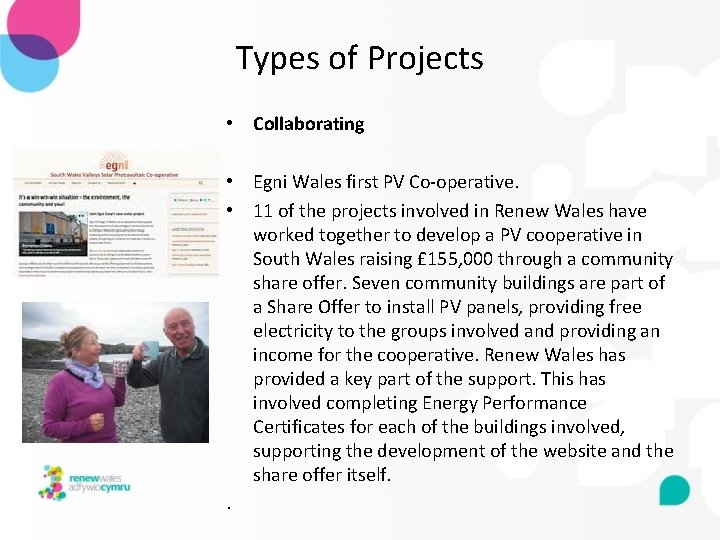 Types of Projects • Collaborating • Egni Wales first PV Co-operative. • 11 of