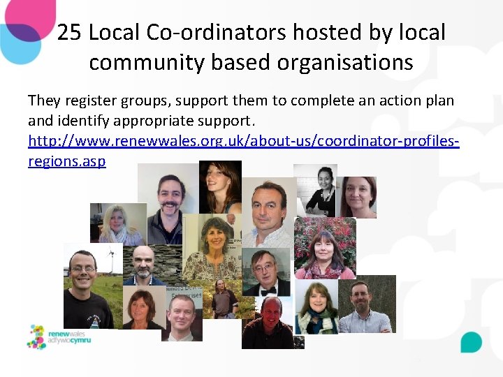 25 Local Co-ordinators hosted by local community based organisations They register groups, support them