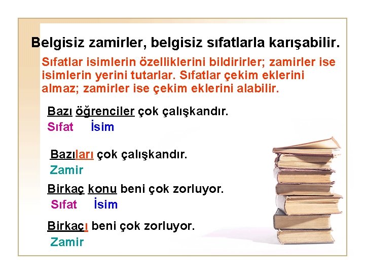 Belgisiz zamirler, belgisiz sıfatlarla karışabilir. Sıfatlar isimlerin özelliklerini bildirirler; zamirler ise isimlerin yerini tutarlar.