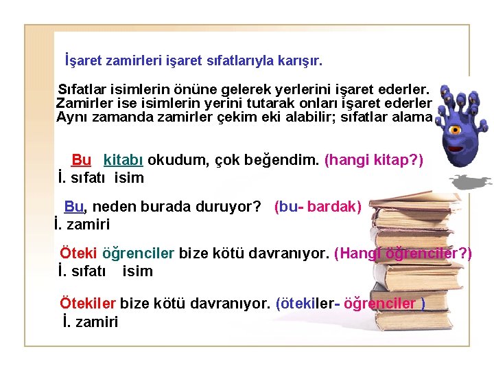 İşaret zamirleri işaret sıfatlarıyla karışır. Sıfatlar isimlerin önüne gelerek yerlerini işaret ederler. Zamirler ise